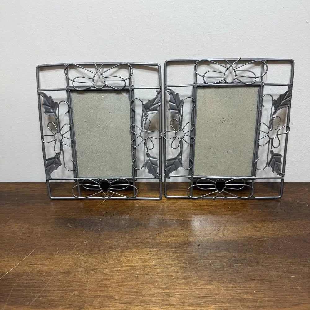 Pair Vintage Metal Wire Photo Frames Ornate Butterfly Floral Silver Tone Fairy